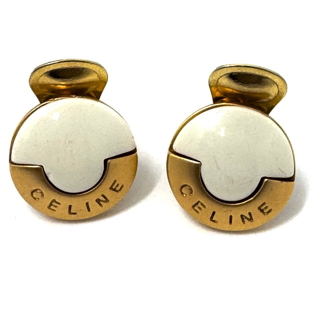 Celine Vintage 80s/90s Gold Enamel Clip‑On Medallion Drop Earrings